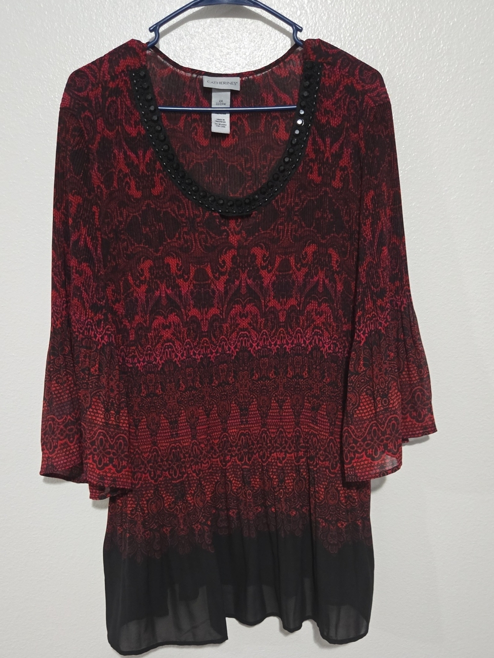Catherines Red Patterned Bead-Trim Tunic Blouse